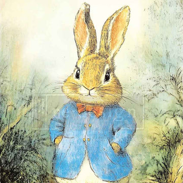 Closeup of Bunny Hollow design, vintage storybook bunny wearing a blue coat and bow tie, A3 fiber decoupage paper