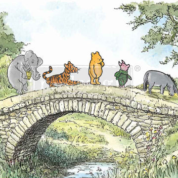 Willowmist Meadow decoupage paper closeup of stone bridge, watercolor meadow, and whimsical storybook animals, A3 fiber sheet