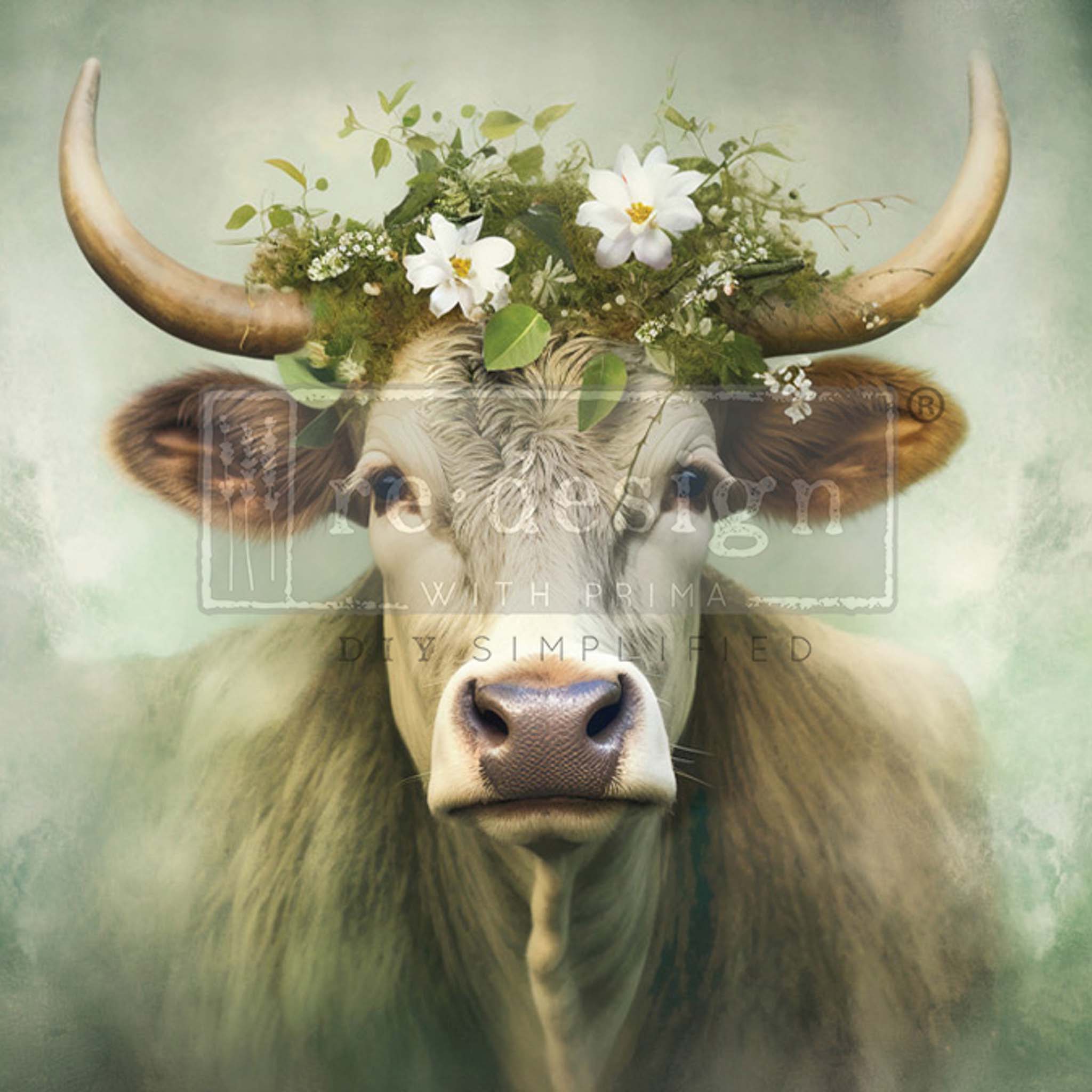 Close-up of an A1 fiber paper featuring the portrait of a cow with horns wearing a floral crown against a soft green background.