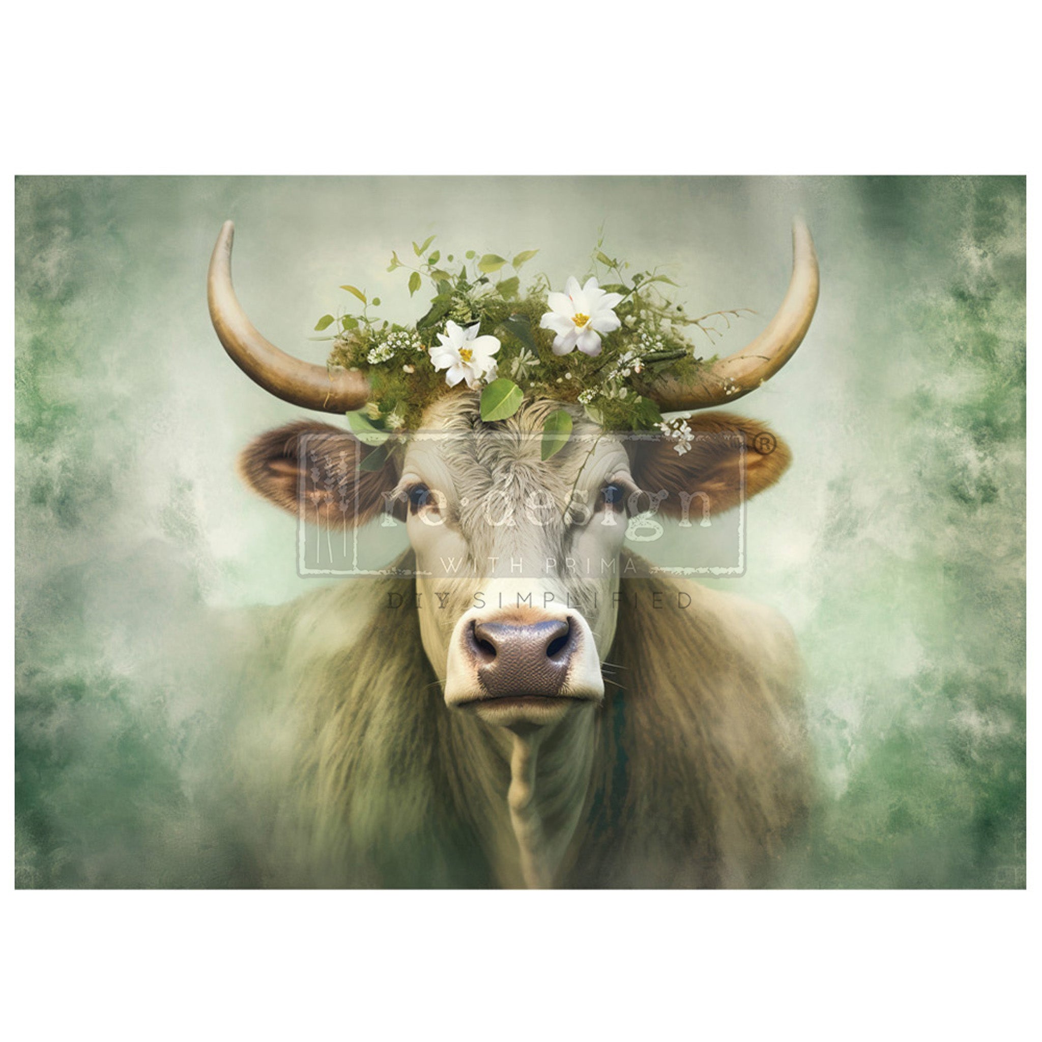 A1 fiber paper featuring the portrait of a cow with horns wearing a floral crown against a soft green background.