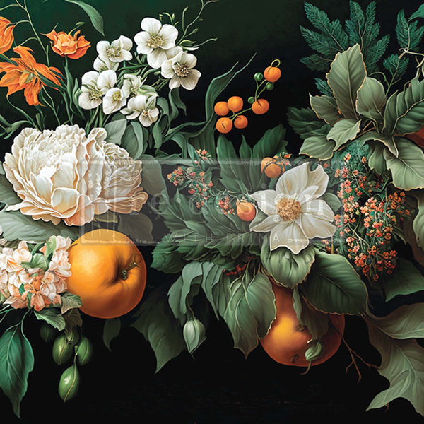 A1 fiber paper featuring gorgeous cream peonies, orange and cream tropical flowers, and orange fruits.