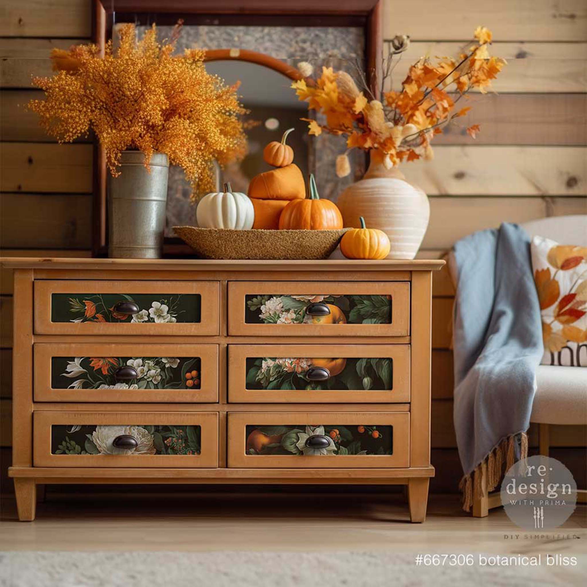 A brown dresser features ReDesign with Prima's Botanical Bliss A1 fiber on its drawer inlays.