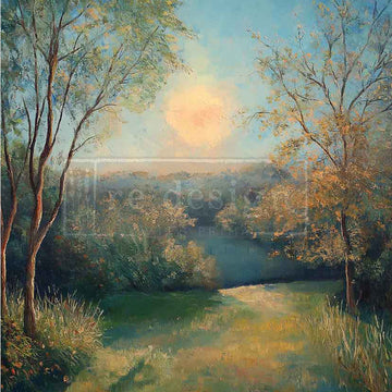 ReDesign with Prima Cozy Countryside A3 fiber decoupage paper closeup, misty countryside path with trees and warm sunrise light