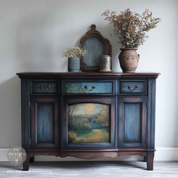 Full sheet of ReDesign with Prima Cozy Countryside A3 fiber decoupage paper, landscape countryside scene design