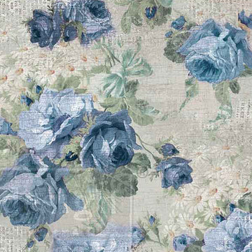 Meadow Melodies fiber decoupage paper closeup with blue roses and soft botanical details on a vintage script background