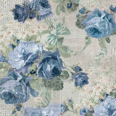 Meadow Melodies fiber decoupage paper closeup with blue roses and soft botanical details on a vintage script background