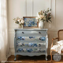 ReDesign with Prima Meadow Melodies fiber decoupage paper applied on a painted dresser drawer front – blue rose floral furniture makeover
