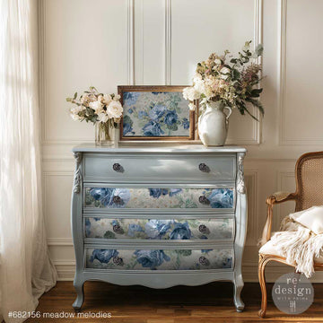 ReDesign with Prima Meadow Melodies fiber decoupage paper applied on a painted dresser drawer front – blue rose floral furniture makeover
