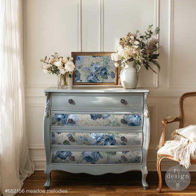 ReDesign with Prima Meadow Melodies fiber decoupage paper applied on a painted dresser drawer front – blue rose floral furniture makeover