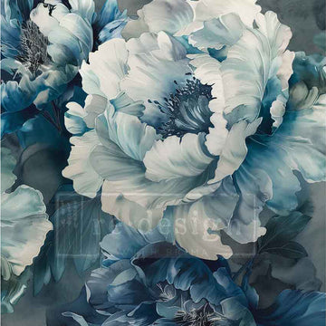 Close-up of ReDesign with Prima Sapphire Peony decoupage paper showing large white peony blooms in deep sapphire and teal tones.