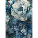 Full sheet of ReDesign with Prima Sapphire Peony A3 fiber decoupage paper with layered blue and white peony flowers on a moody background.