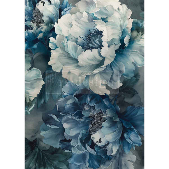Full sheet of ReDesign with Prima Sapphire Peony A3 fiber decoupage paper with layered blue and white peony flowers on a moody background.