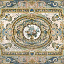 Closeup of Serenade in Blue fiber decoupage paper design with ornate blue scrollwork and floral vase centerpiece