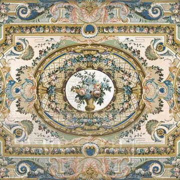 Closeup of Serenade in Blue fiber decoupage paper design with ornate blue scrollwork and floral vase centerpiece