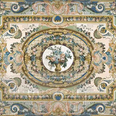 Closeup of Serenade in Blue fiber decoupage paper design with ornate blue scrollwork and floral vase centerpiece