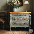 ReDesign with Prima Serenade in Blue fiber decoupage paper on a vintage blue dresser drawer for a furniture makeover