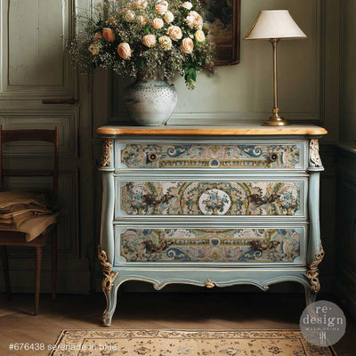 ReDesign with Prima Serenade in Blue fiber decoupage paper on a vintage blue dresser drawer for a furniture makeover