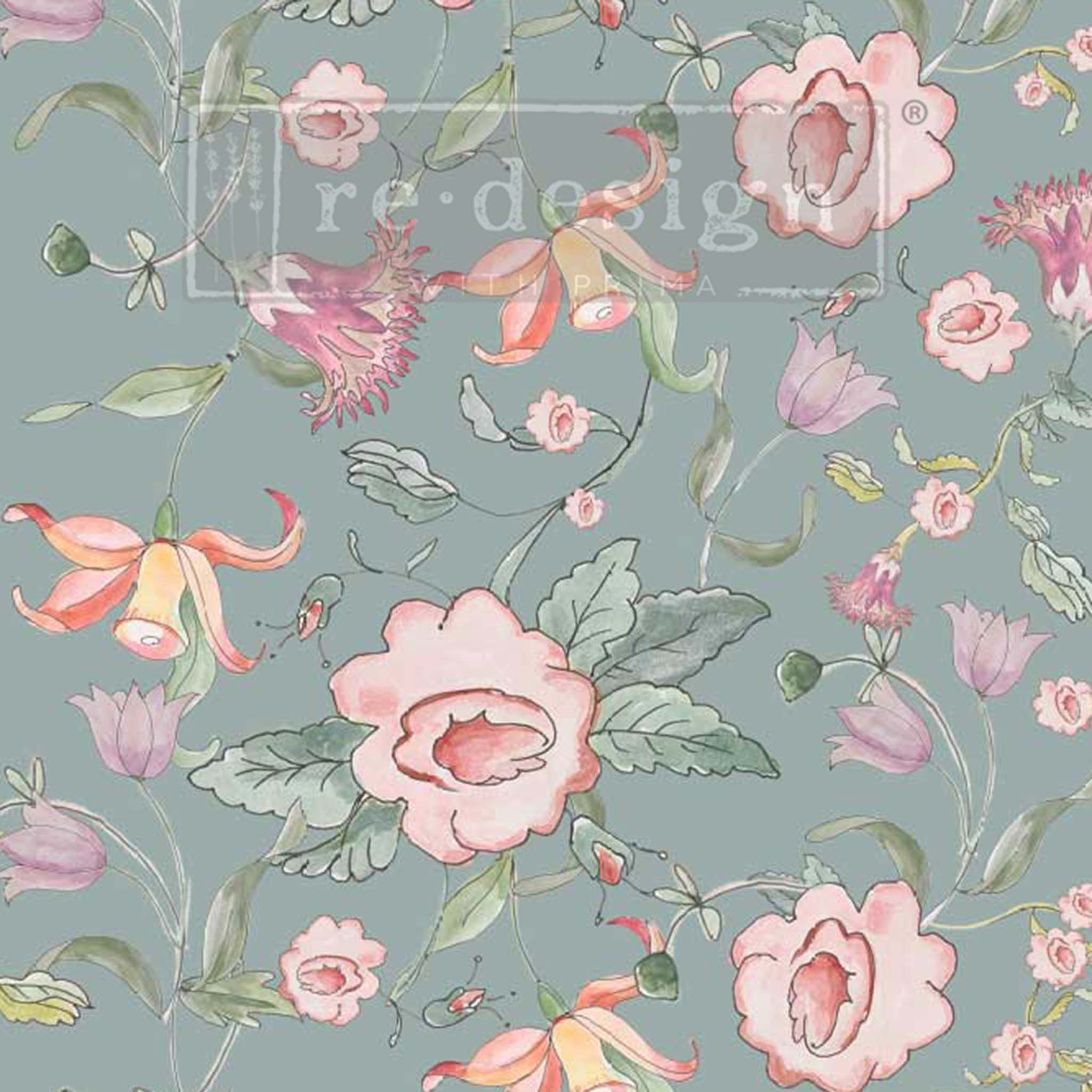 Close-up of an A1 fiber paper featuring a sage green background and charming floral illustrations in blush, mauve, and peach. 