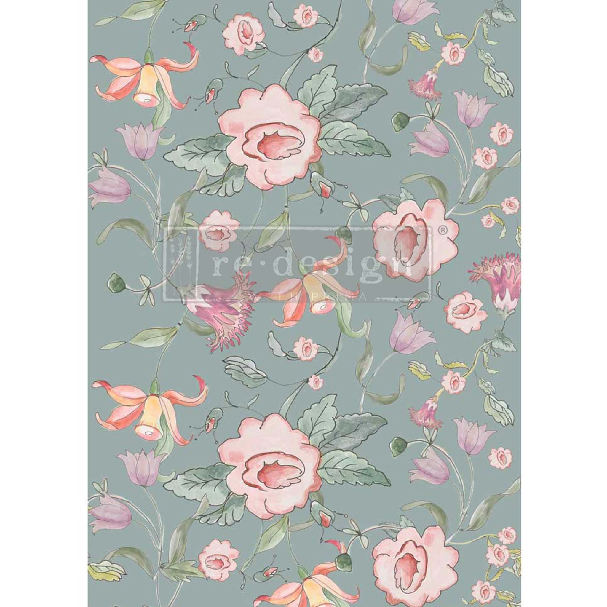 A1 fiber paper featuring a sage green background and charming floral illustrations in blush, mauve, and peach. White borders are on the sides.