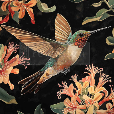 Close-up of ReDesign with Prima Garden Flutter A3 fiber decoupage paper featuring a hummingbird with peach coral flowers on a dark background
