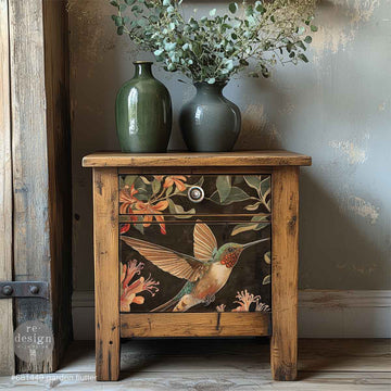 ReDesign with Prima Garden Flutter A3 fiber decoupage paper applied to a wood side table with a hummingbird and floral design