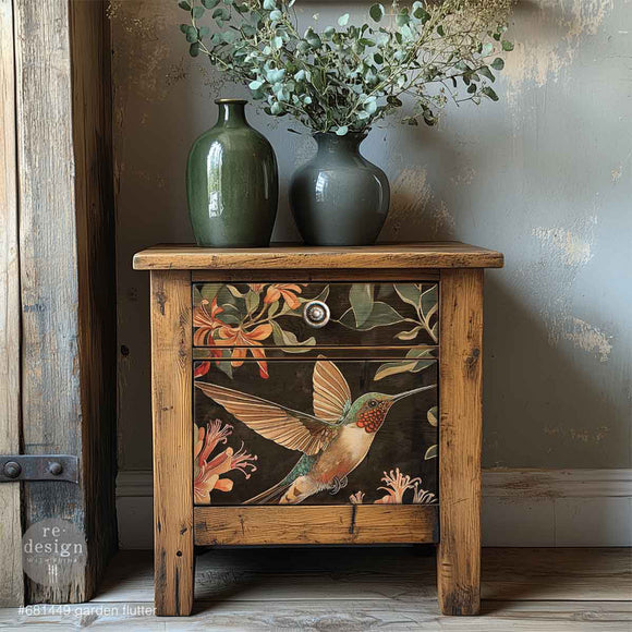 ReDesign with Prima Garden Flutter A3 fiber decoupage paper applied to a wood side table with a hummingbird and floral design