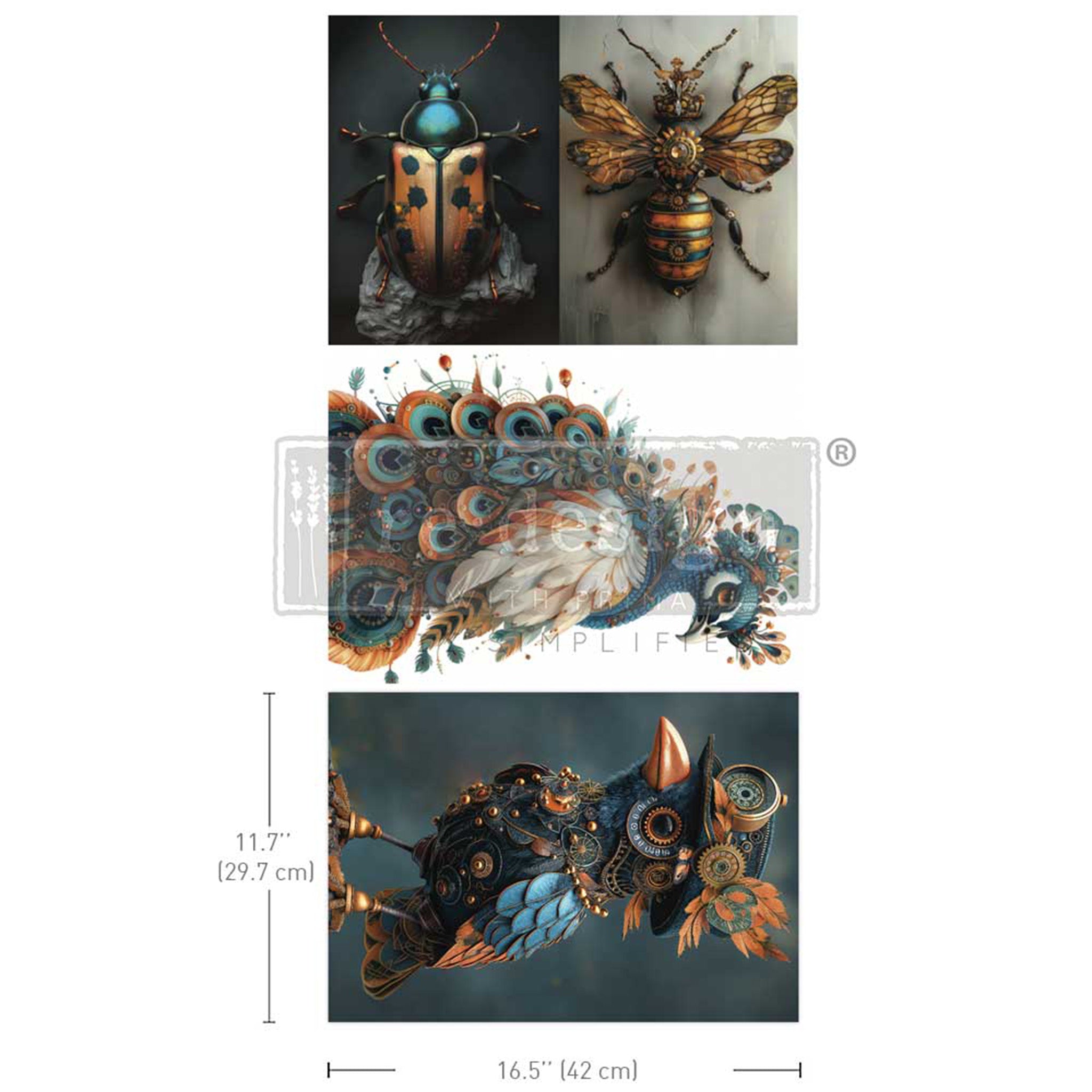 Three sheets of fiber paper featuring whimsical steampunk designs of insects and birds are against a white background. Measurements for 1 sheet reads: 11.7" (29.7 cm) x 16.5" (42 cm).