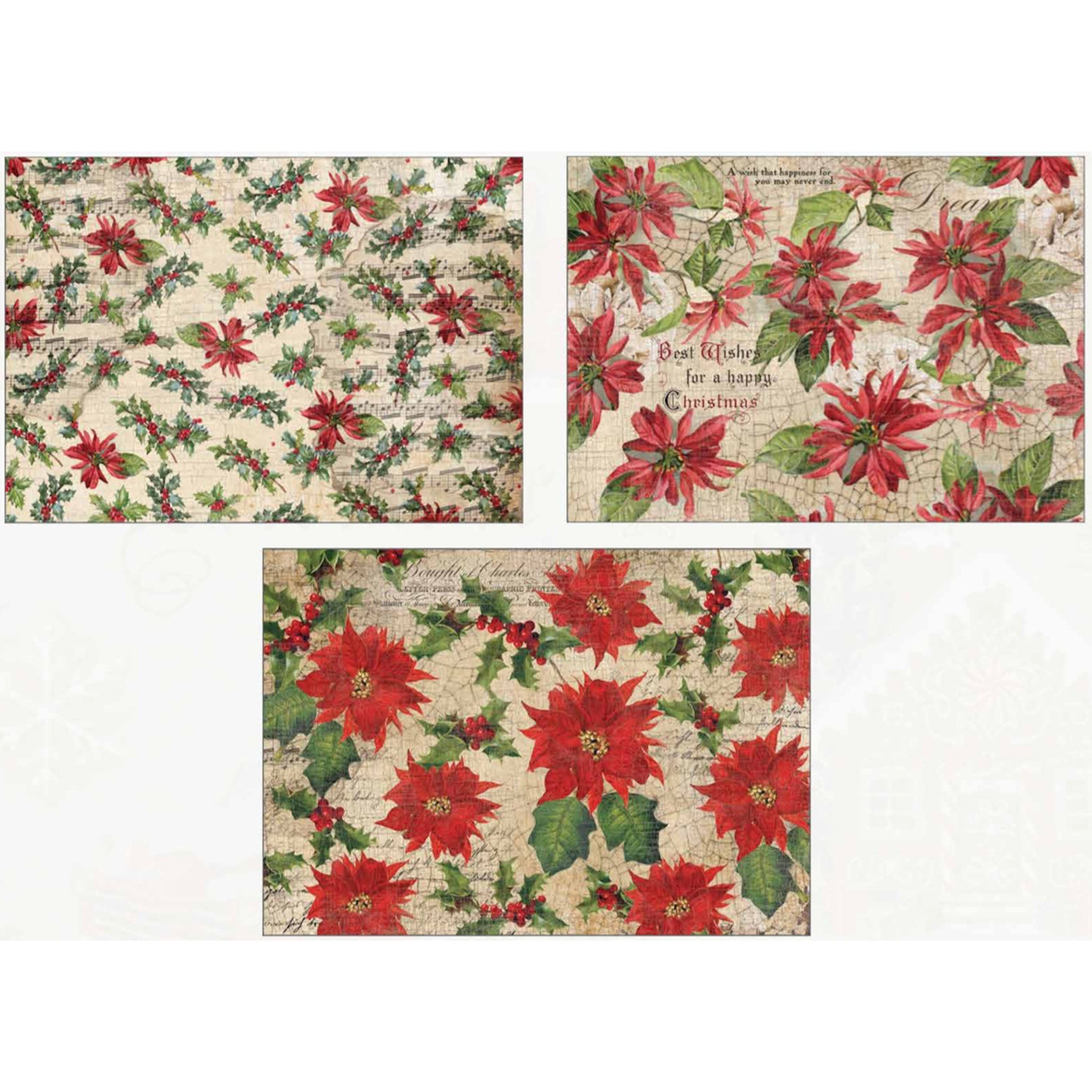 Three sheets of A3 fiber papers featuring playful designs of poinsettias and holly berries against parchments of sheet music are against a white background.