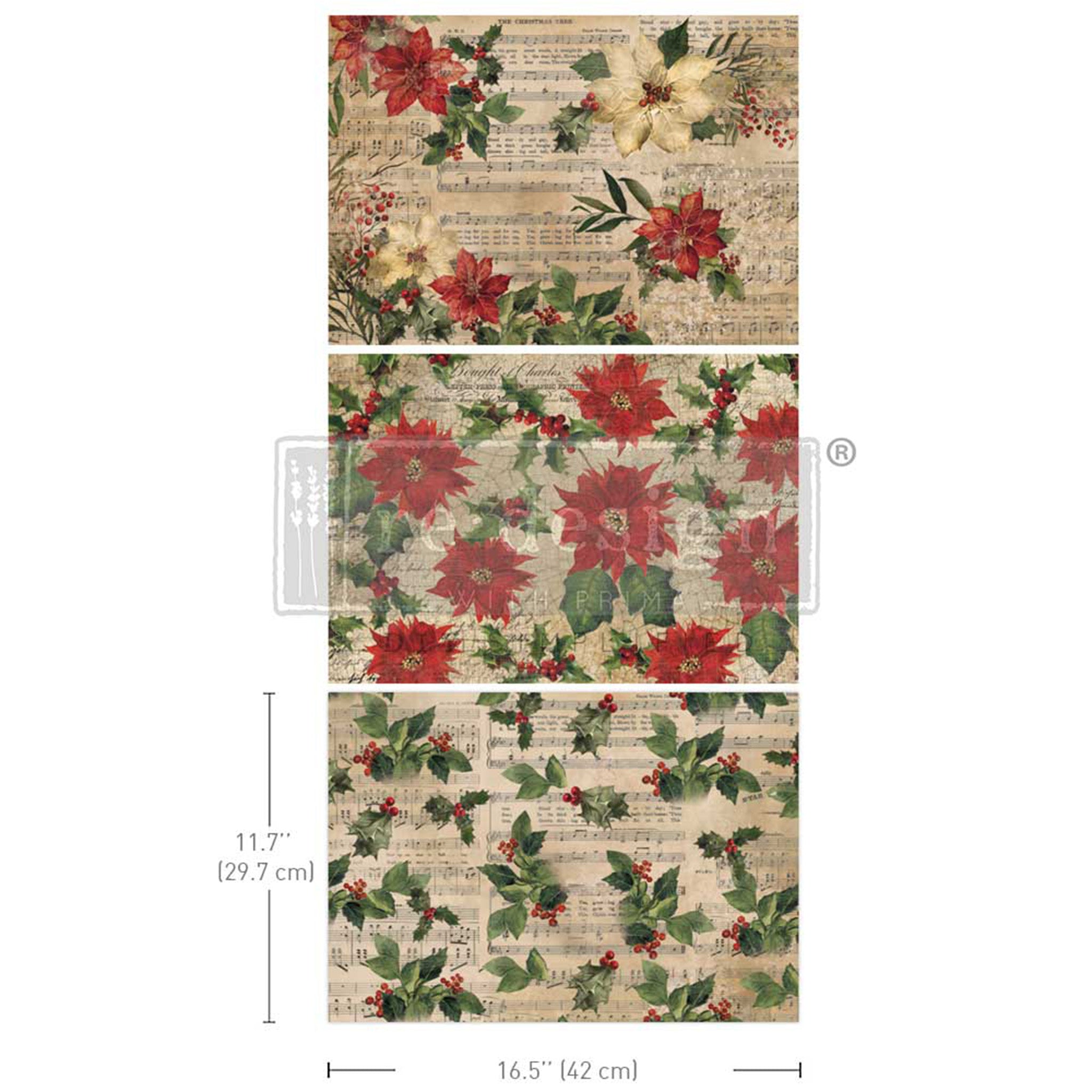 Three sheets of ReDesign with Prima's Poinsettias A3 fiber papers are against a white background. Measurements for 1 sheet reads: 11.7" (29.7 cm) x 16.5" (42 cm).