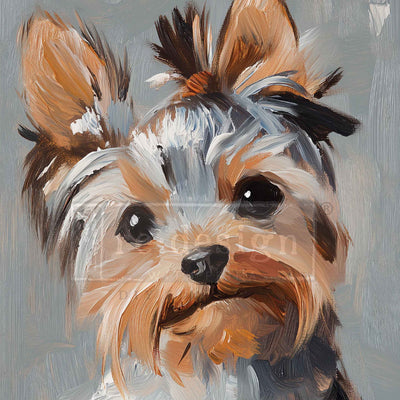 Close-up of ReDesign with Prima Posh Pup Portrait A3 fiber decoupage paper featuring a painted dog portrait on a soft gray background