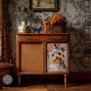 ReDesign with Prima Posh Pup Portrait A3 fiber decoupage paper applied to a vintage cabinet door in a cozy eclectic room