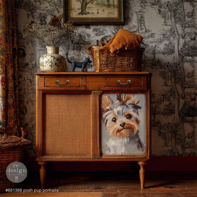 ReDesign with Prima Posh Pup Portrait A3 fiber decoupage paper applied to a vintage cabinet door in a cozy eclectic room