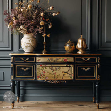 ReDesign with Prima Radiant Flight A3 fiber decoupage paper applied to a black vintage sideboard with birds and pink floral branches