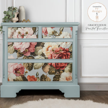 A vintage 4-drawer dresser refurbished by Gracie's House Painted Furniture features ReDesign with Prima's Salon de la Gloire A1 fiber paper on the drawers.