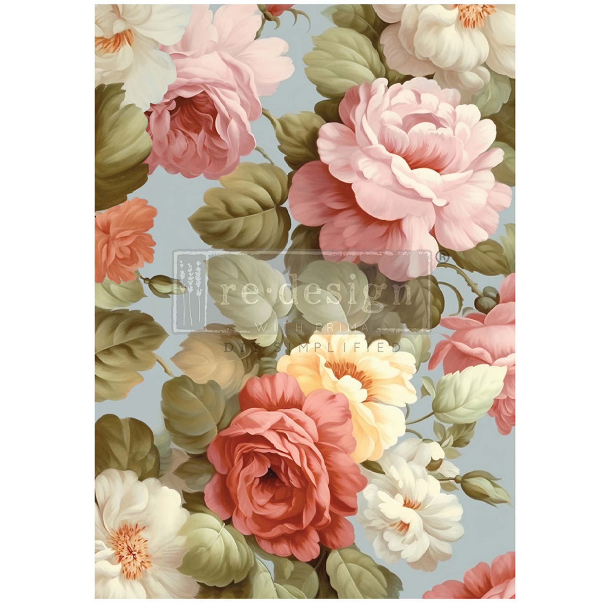 A1 fiber paper design featuring large mauve and cream colored roses on a soft blue background. White borders are on the sides.