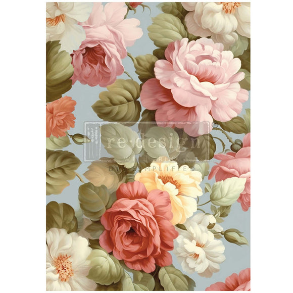 A1 fiber paper design featuring large mauve and cream colored roses on a soft blue background. White borders are on the sides.