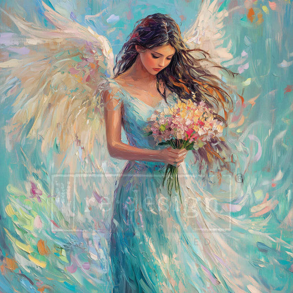 Close-up of ReDesign with Prima Seraphina in Sapphire A3 fiber decoupage paper with angel artwork and soft blue floral details