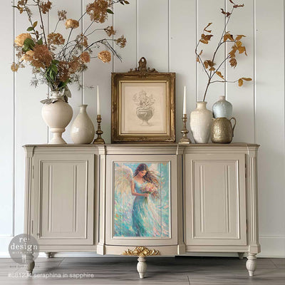 ReDesign with Prima Seraphina in Sapphire A3 fiber decoupage paper applied to a painted cabinet door furniture makeover