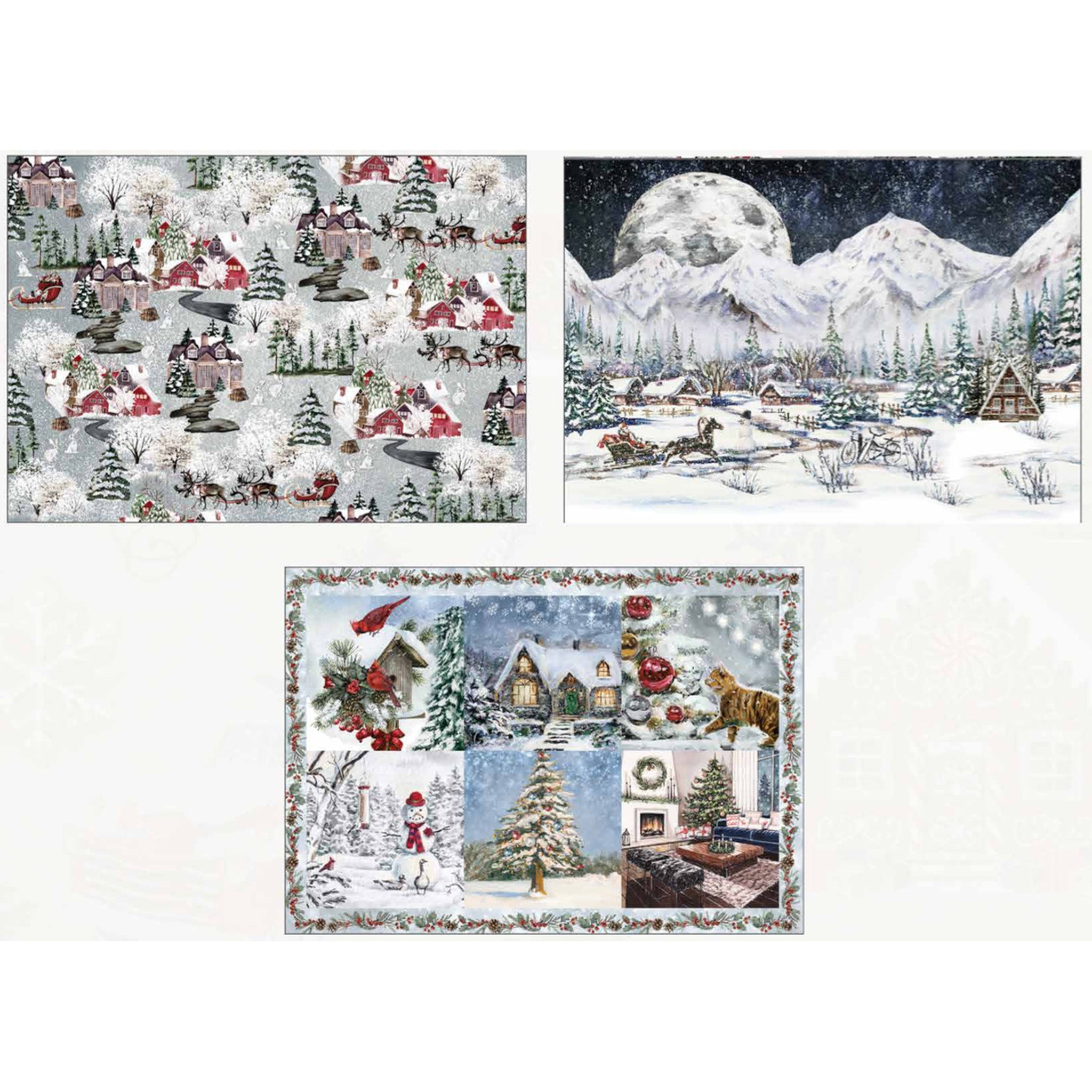 Three sheets of A3 fiber papers featuring snow capped mountains, snowmen, cardinals, and cabins are against a white background.