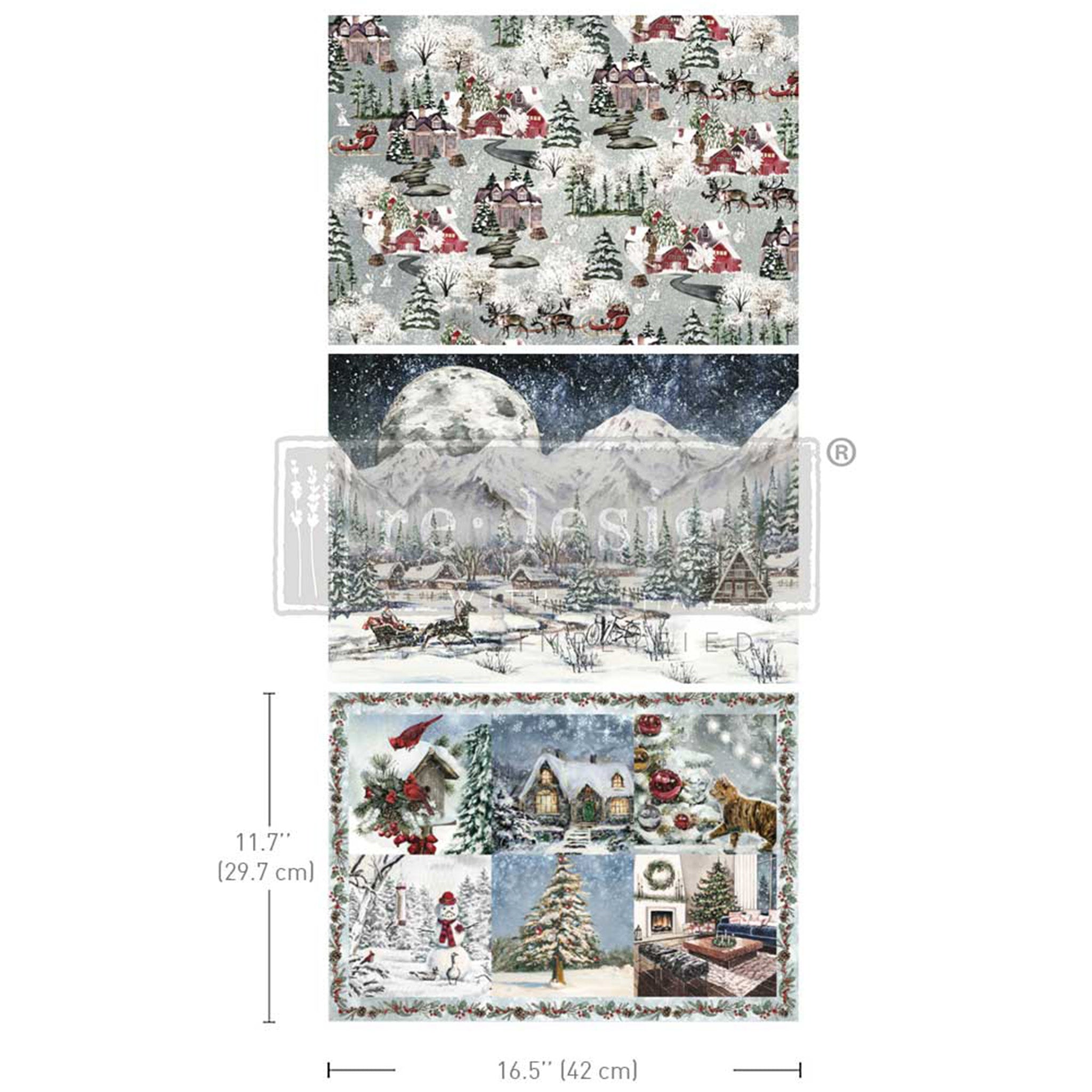 Three sheets of ReDesign with Prima's Snowfall Splendor A3 fiber papers are against a white background. Measurements for 2 sheet reads: 11.7" (29.7 cm) x 16.5" (42 cm).