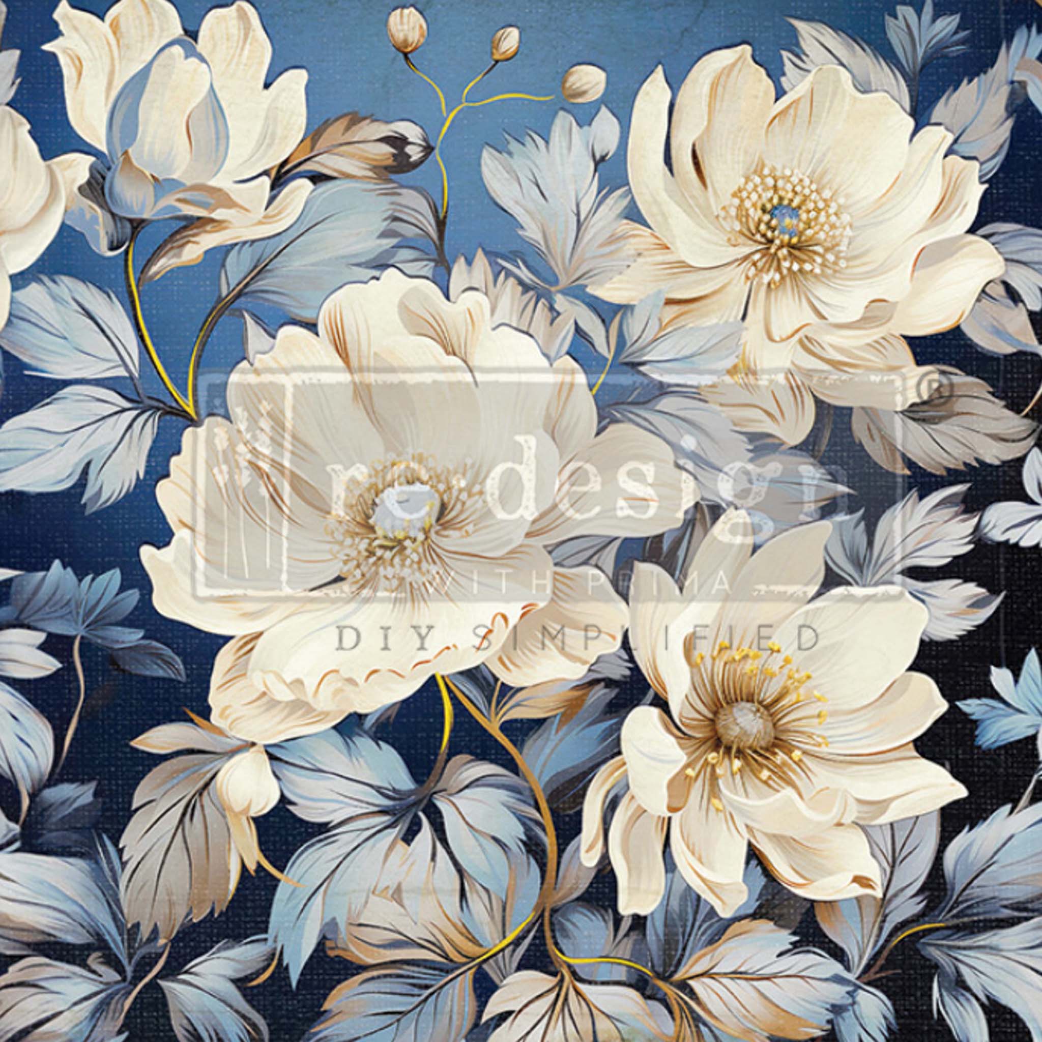 Close-up of a tissue paper design that features large white flower blooms with light blue foliage against a navy blue background.