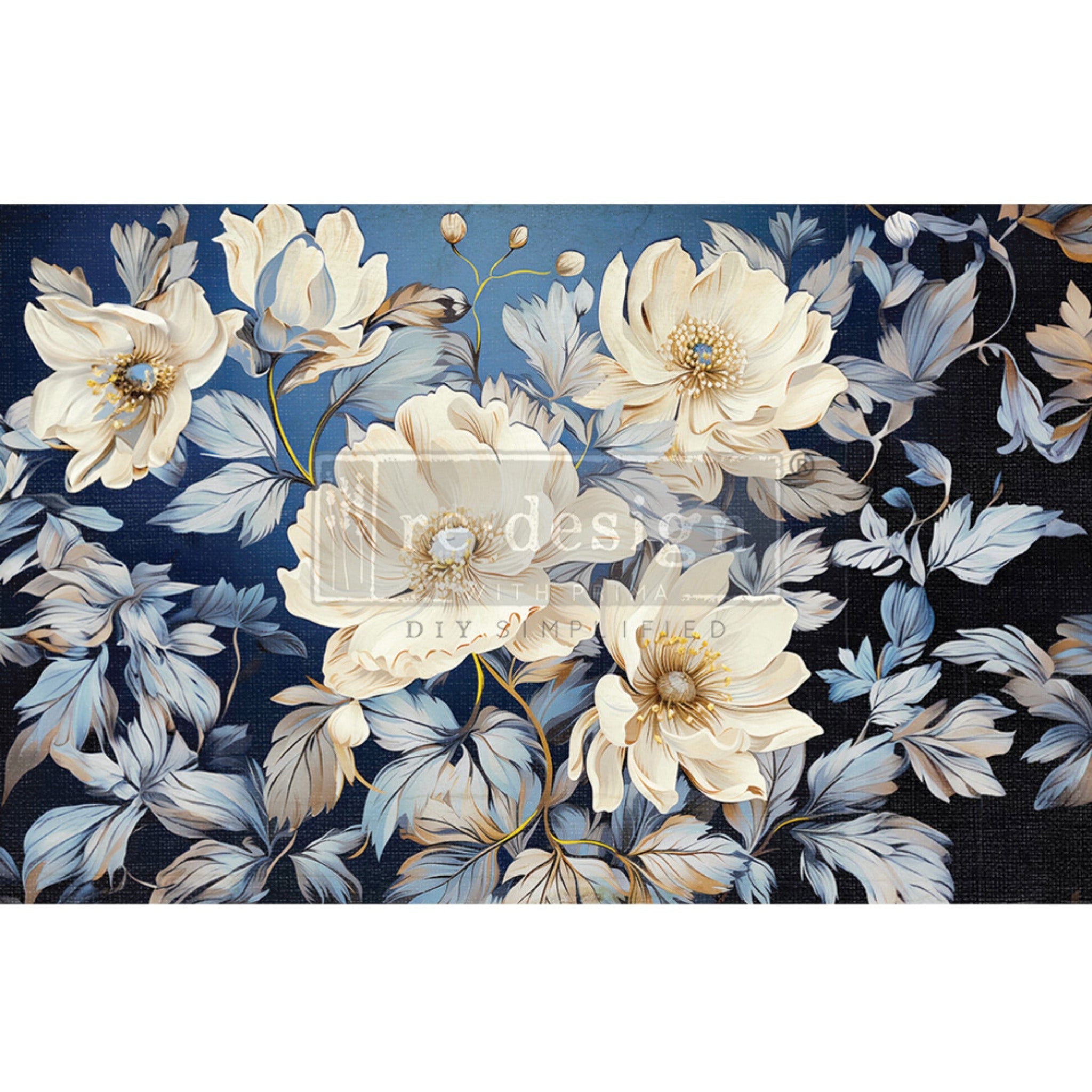 Tissue paper design that features large white flower blooms with light blue foliage against a navy blue background. White borders are on the top and bottom.
