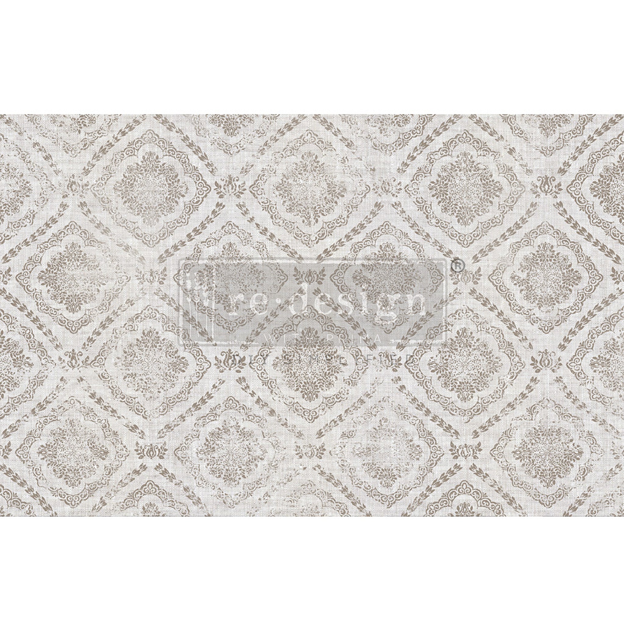 Tissue paper design that features a repeating floral diamond pattern against a soft grey background.