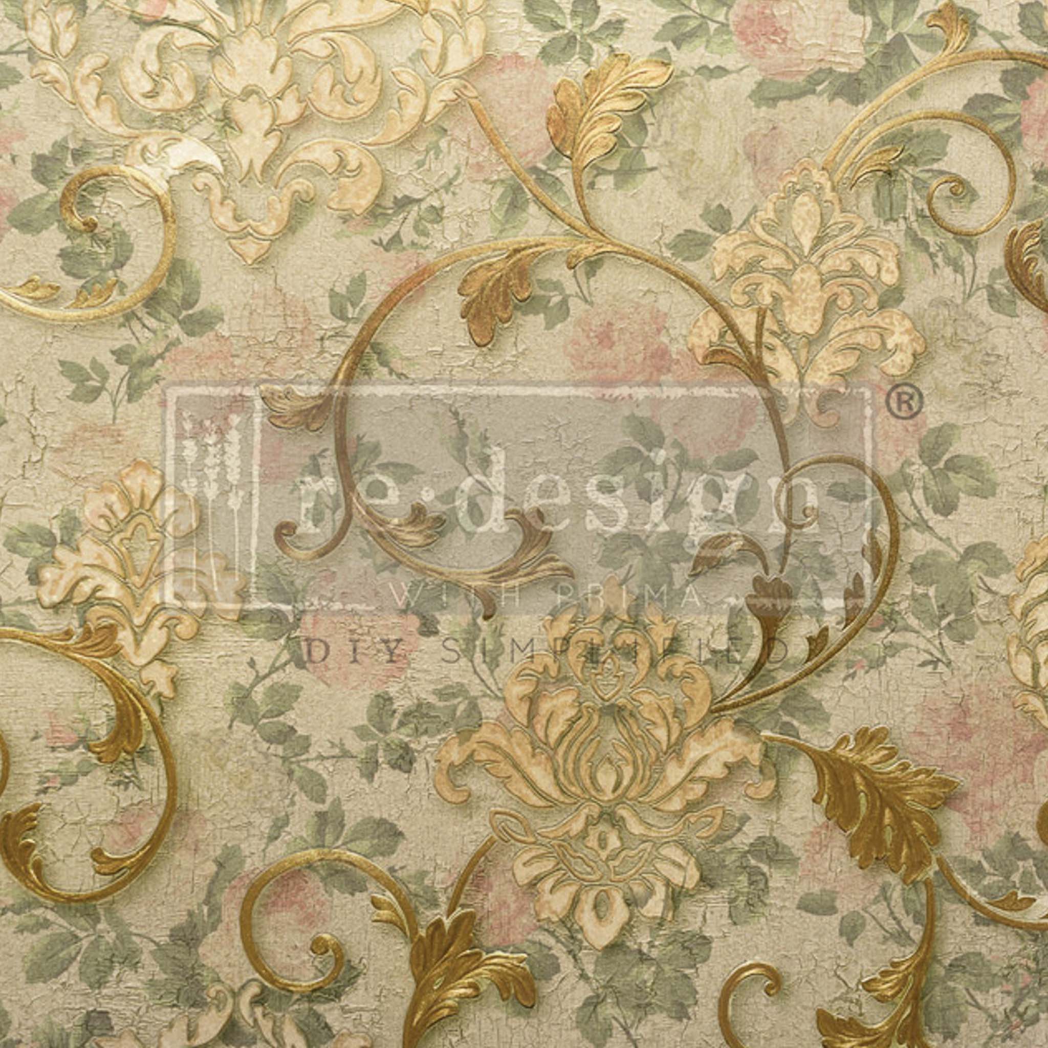 Close-up of a tissue paper design of gold brocade against a crackled light pink floral and beige background.
