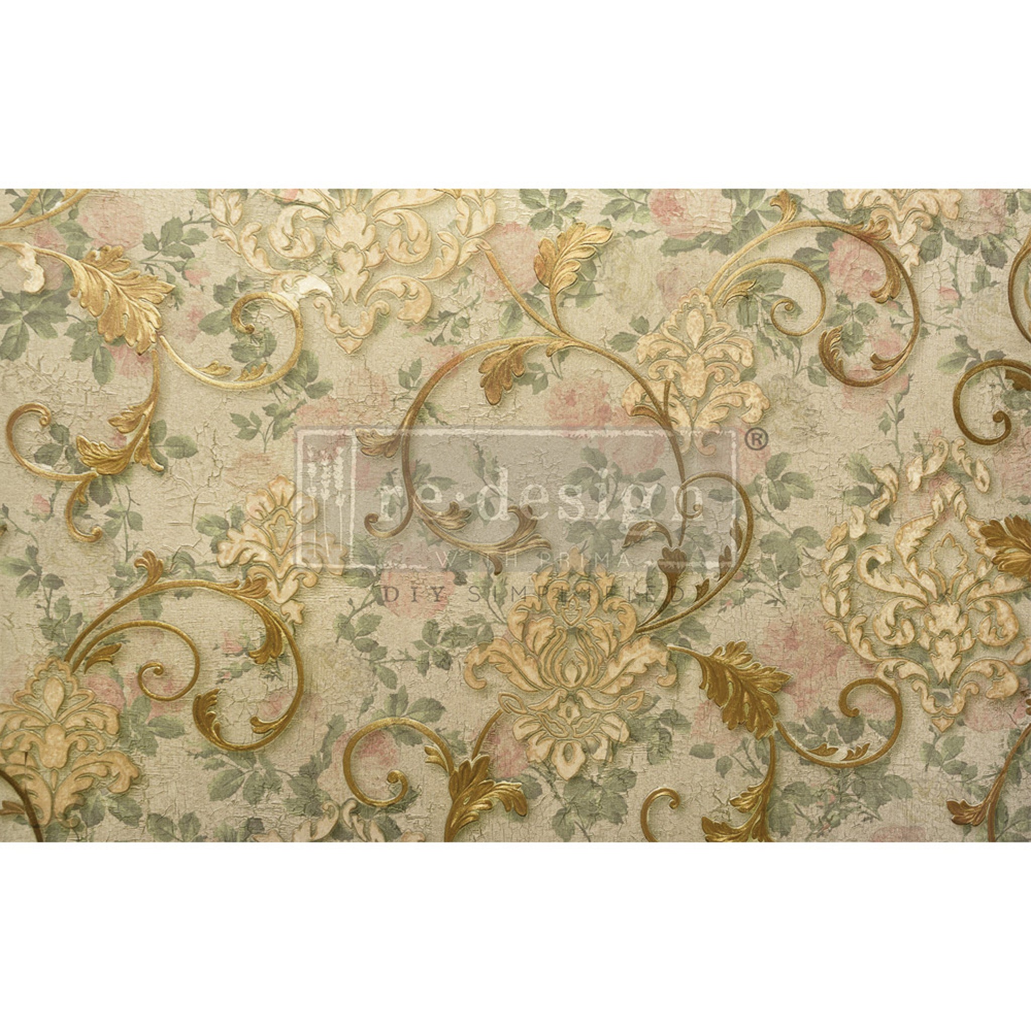 Tissue paper design of gold brocade against a crackled light pink floral and beige background.