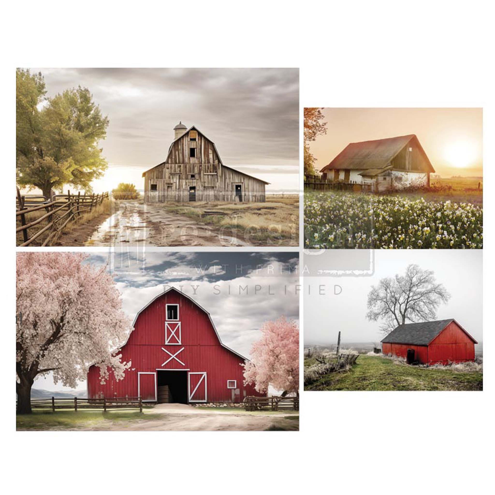 Three sheets of ReDesign with Prima's Haystack Hues tissue paper feature enchanting scenes with old barns on farms are against a white background.