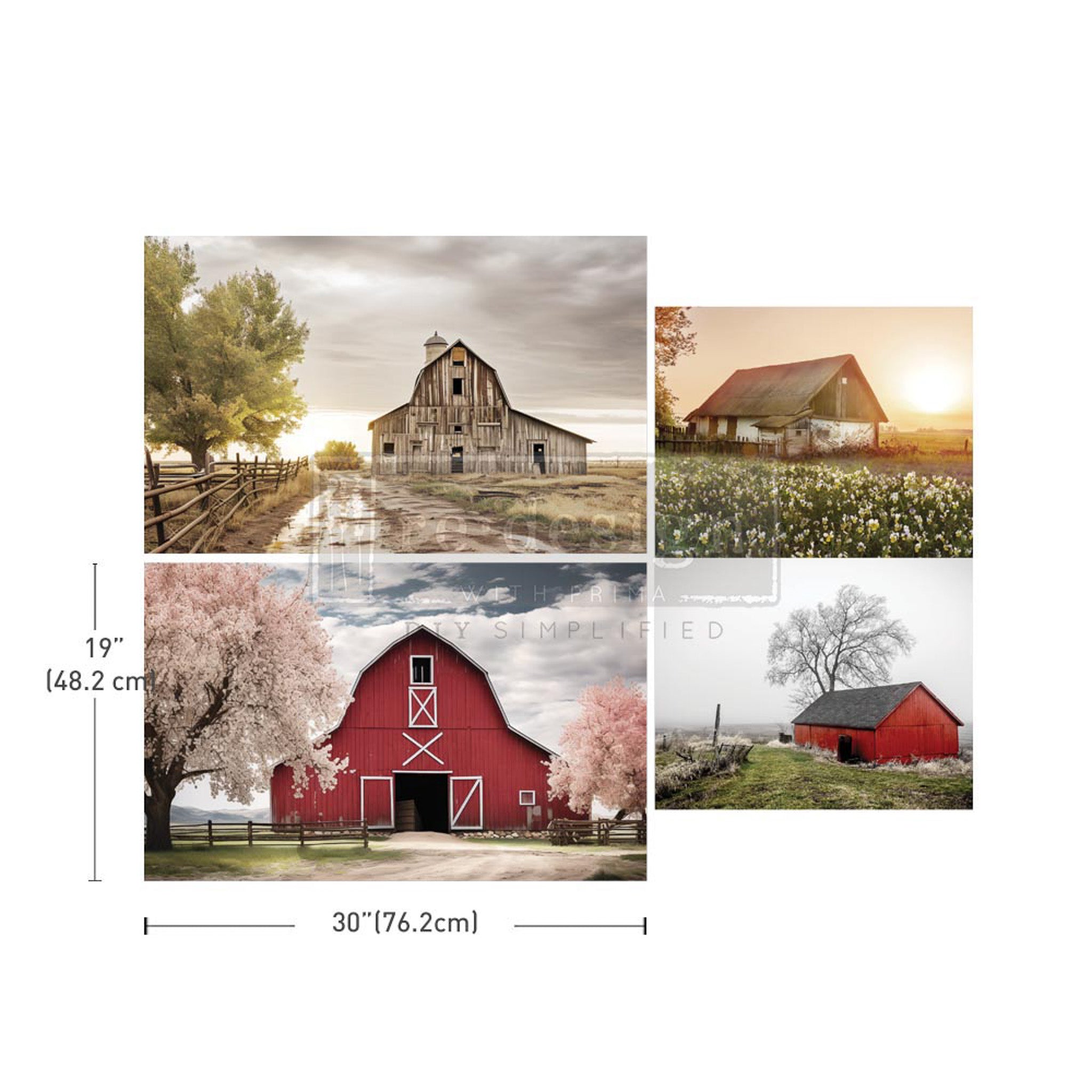 Three sheets of ReDesign with Prima's Haystack Hues tissue paper feature enchanting scenes with old barns on farms are against a white background. Measurements for 1 sheet reads:19" (48.2 cm) by 30" (76.2 cm).