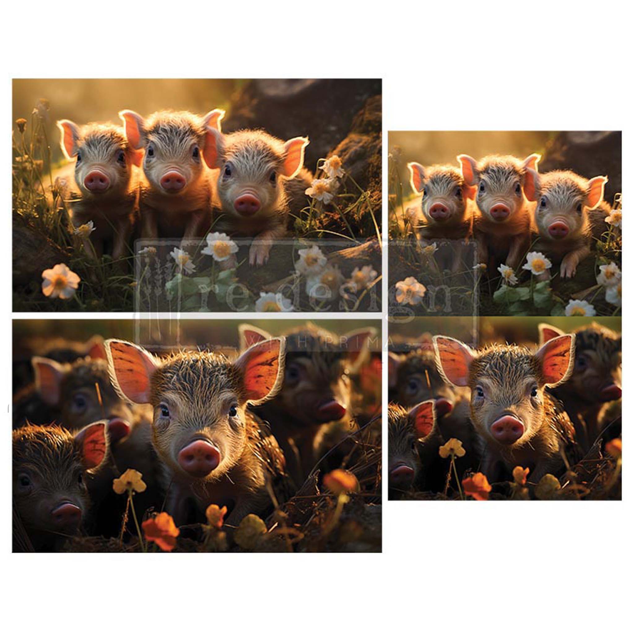 Three tissue paper designs that feature adorable pink piglets basking in the sunlight are against a white background.