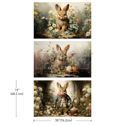 Three sheets of ReDesign with Prima's Dreamy Bunnies tissue paper, each featuring a sweet bunny surrounded by colorful flowers against a white background. Measurements for 1 sheet reads 19" (48.2 cm) by 30" (76.2 cm).