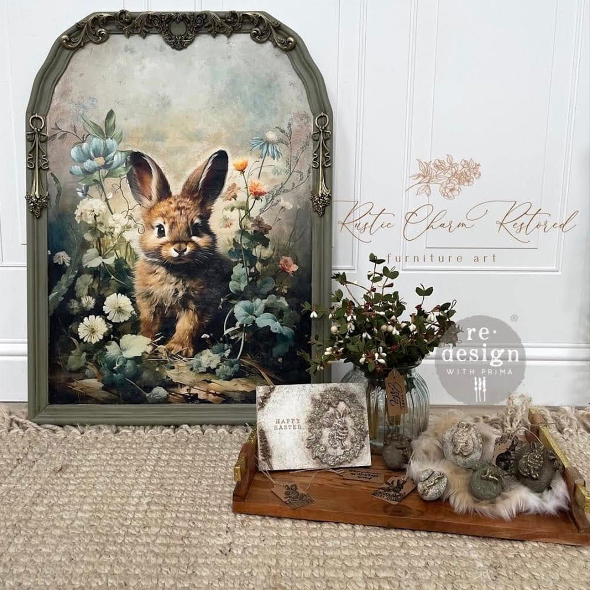 An arch frame refurbished by Rustic Charm Restored is painted sage green and features ReDesign with Prima's Dreamy Bunnies tissue paper in it.